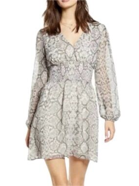 Leith Snake-Print V-Neck Long-Sleeve Mini Dress - Gray & Pinj